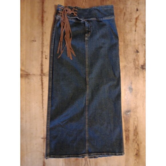 Jalate Dresses & Skirts - Vtg Jalate Denim Maxi Skirt Juniors 9 10 Grommet Strappy Fringe Tie Western Boho